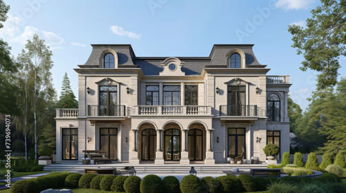 Inspired by the French Renaissance period this private residence features a distinctive mansard roof intricate moldings and arched windows that evoke an air of sophistication