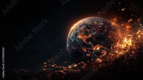 A burning fire on earth on a clean dark surface a concept of pollution and deforestation with space, Generative AI.