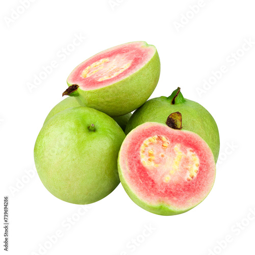 Guava is a tropical fruit with pink juicy flesh and a strong sweet aroma with leaf on a transparent background