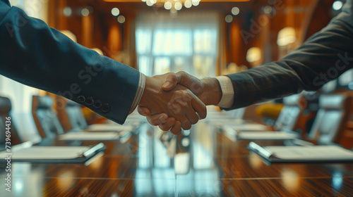Close-up of a firm handshake between two professionals, signifying a business agreement or partnership, with a contract in the background.