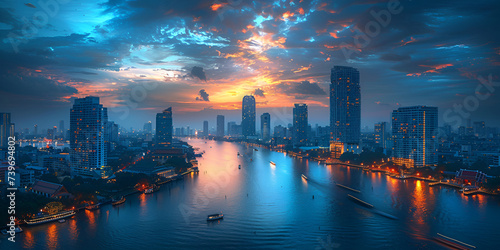 City Lights Reflecting: Aerial View of Bangkok River at Night
