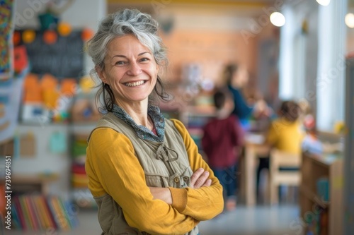 Middle age woman with grey hair preschool teacher smiling confident standing at kindergarten. photo