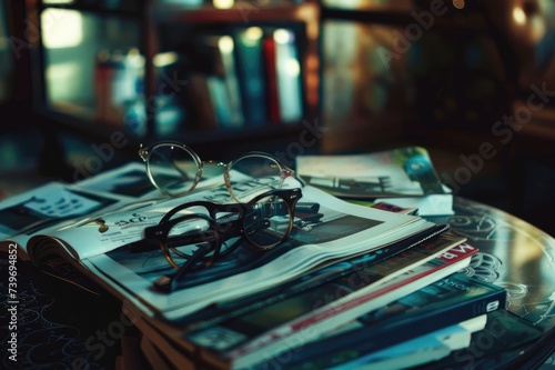 Magazines, newspaper on table with eyeglasses.