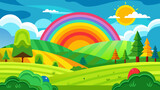 Field landscape with rainbow and sun