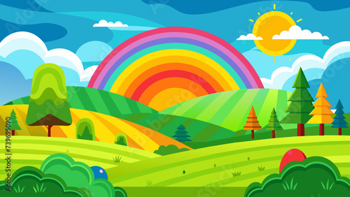 Field landscape with rainbow and sun