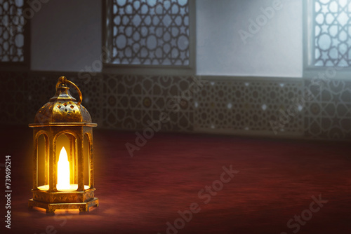 Arabic lantern in the mosque window arch, Ramadan kareem background