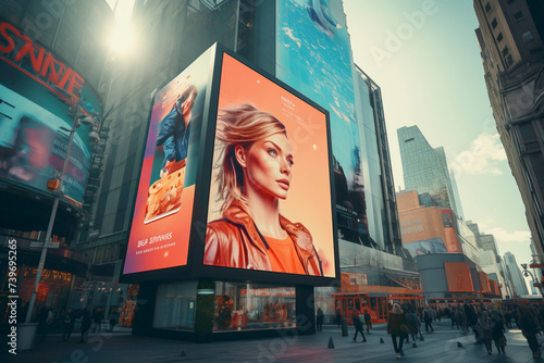 A digital billboard mockup in a busy city center, displaying dynamic content.