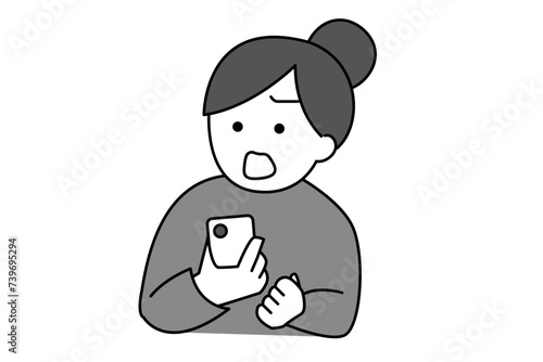 スマホを握りしめて反論する女性のシンプルイラスト