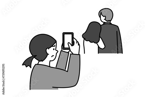 浮気現場の写真をスマホで撮る女性のシンプルイラスト