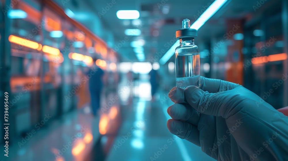 A gloves hand holding a vaccine bottle against a medical backdrop with space for text, Generative AI. - obrazy, fototapety, plakaty 
