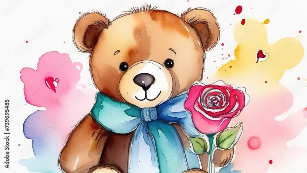 Cute teddy bear with red rose, handmade watercolor illustration; on white isolated background, birthday or Valentine's day card, mother's day Cute teddy bear with red rose, handmade watercolor illustration; on white isolated background, birthday or Valentine's day card, mother's day
