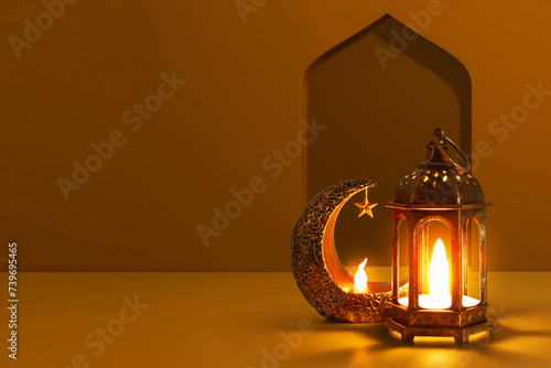 Shiny golden crescent moon with star lantern and arabic lantern in the mosque window arch at night, Ramadan kareem background