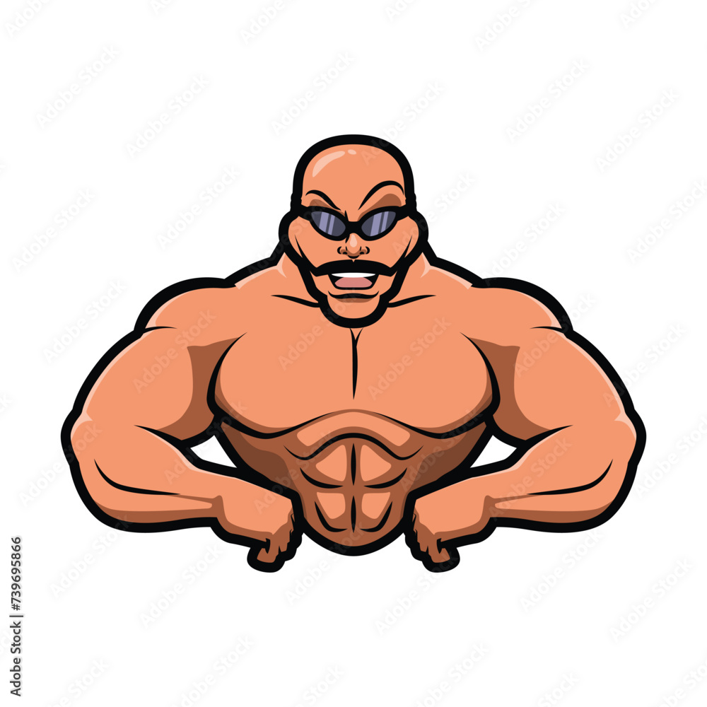cartoon character of muscular man, bald person cartoon character of muscular man, bald person