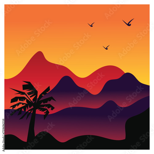 Natural background  afternoon trees and flying birds  coloring vector illustration.