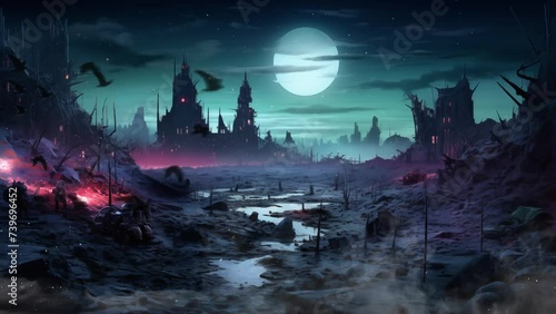 fantasy background with anime style illustration. apocalyptic wasteland at night. seamless looping overlay 4k virtual video animation background  photo