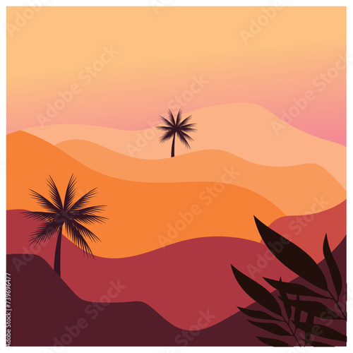 Natural background  afternoon trees and flying birds  coloring vector illustration.