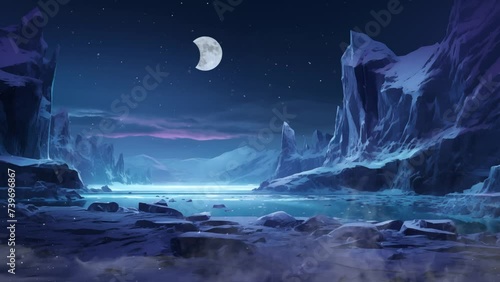 fantasy background with cartoon illustration style. ice shelf at night with ice crystal. seamless looping overlay 4k virtual video animation background  photo