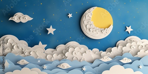 3d papercut craft pastel color of moon, stars and clouds. night sky view paper craft art for children fantasy and nursery or sleep dream background concept