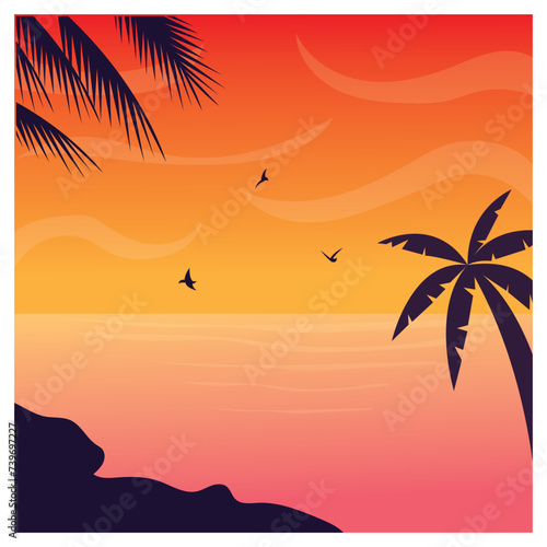 natural background  sunset  coconut tree  mountain  coloring vector illustration