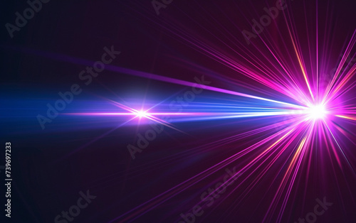 Blue and violet beams of bright laser light shining on black background