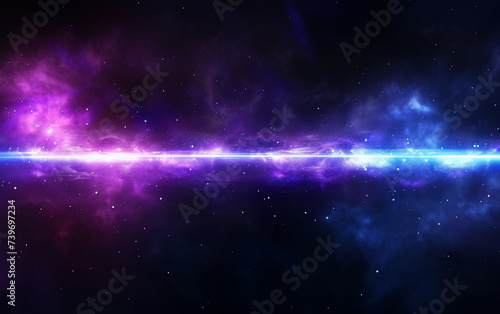 Blue and violet beams of bright laser light shining on black background