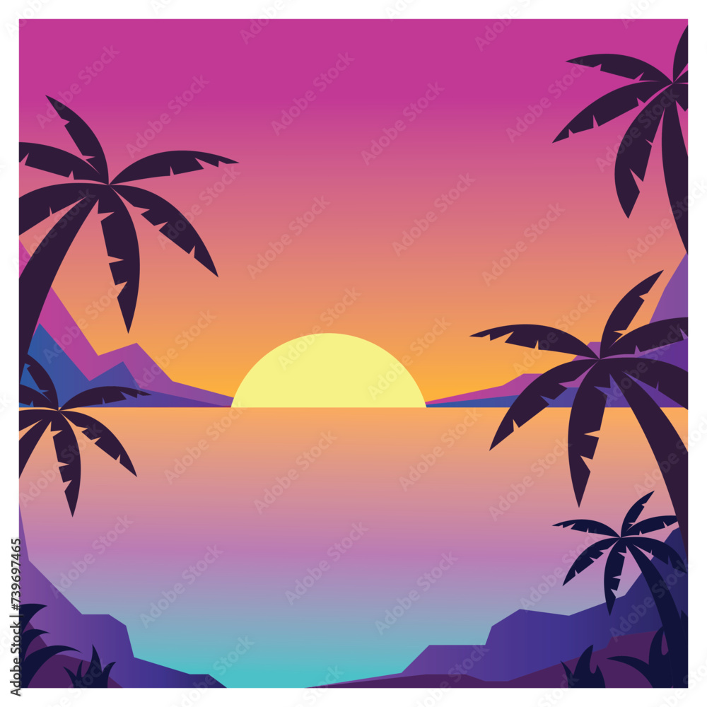 natural background, sunset, coconut tree, mountain, coloring vector illustration