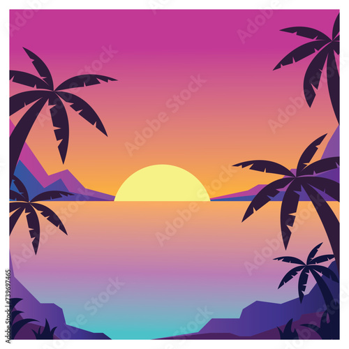 natural background  sunset  coconut tree  mountain  coloring vector illustration