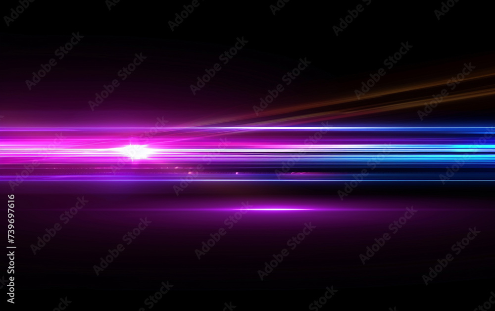 Blue and violet beams of bright laser light shining on black background