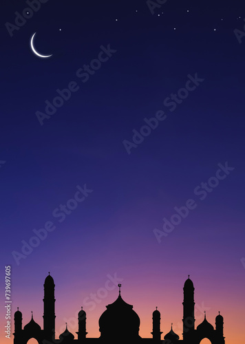 Silhouette Mosque Domes and Crescent Moon with Stars on Night Sky Background in Vertical frame, symbol islamic religion Ramadan and free space for text Eid al-Adha, Eid al-fitr, Mubarak, illustrations