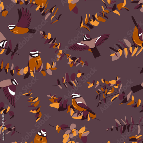 vector drawing seamless pattern with birds and tree branches with leaves, hand drawn tits, nature cover design