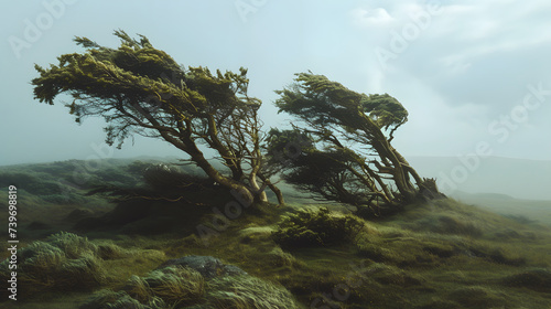 The tilts windswept trees were blown by the wind in nature among the fog. A wind blows the trees and tilts them