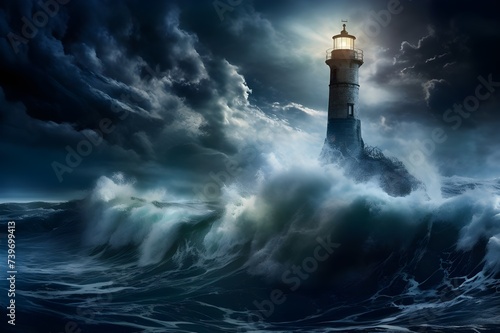 Moonlit lighthouse standing sentinel against the turbulent waves, a beacon of hope.  © Tachfine Art