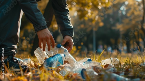 A person collects plastic wastes including bottle with empty space for text a concept of save the environment, Generative AI.