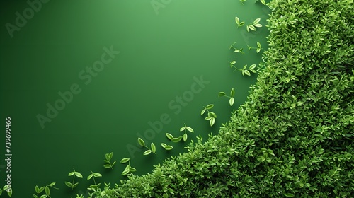 A solid green backdrop with green plants kept like a frame with space for text or product, Generative AI,