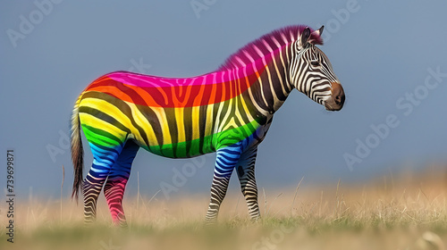 Rainbow-colored zebra in the field