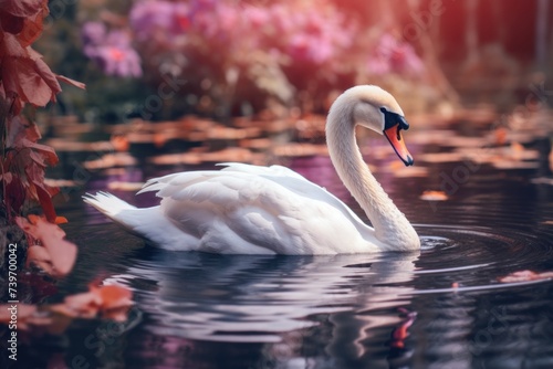 Cute swan swims in the pond