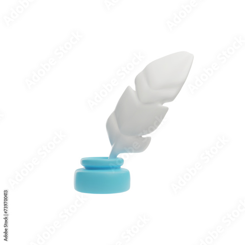 Vintage feather pen with inkpot 3D vector icon, Legal or Notary services, juridical approval, Law and justice symbol
