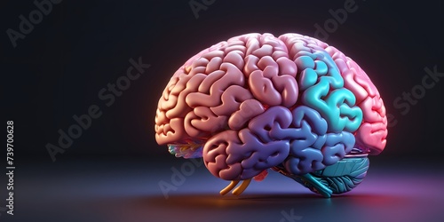 A vibrant brain sits atop a sleek black surface, showcasing a blend of magenta and electric blue hues. This artful display is a perfect fusion of science and creativity