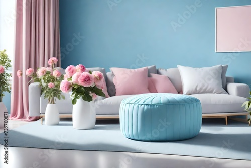 Pouf with cozy blanket in living room, light cool blue wall, pink poeny flowers in white vase