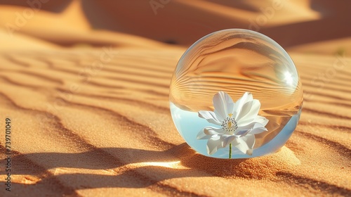A transparent paperweight with a flower inside of it kept on desert with a big empty space for text, Generative AI. photo