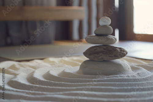 Retreat-like ambiance with Zen stones and sand  inviting serenity