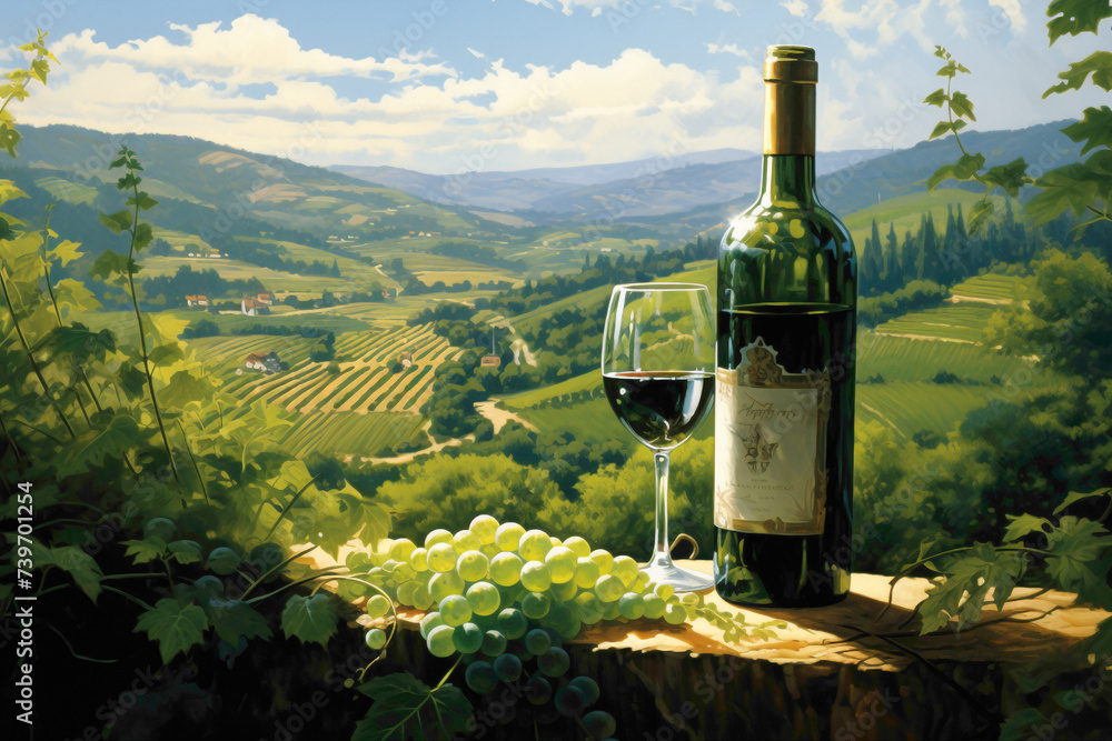 An elegant scene featuring a vine bottle amidst vineyard scenery, with vibrant green vines in the background.