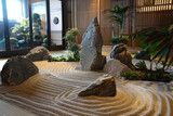 Retreat-like ambiance with Zen stones and sand, inviting serenity