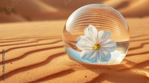 A transparent paperweight with a flower inside of it kept on desert with a big empty space for text, Generative AI. photo