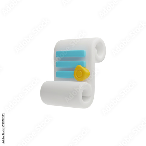 Paper scroll with text and yellow stamp, legal services 3D style
