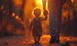 man holding baby s hand while walking down path man joyfully walks down path holding toddlers hand, surrounded by natures beauty. warm lighting and happy gesture create a fun and memorable moment