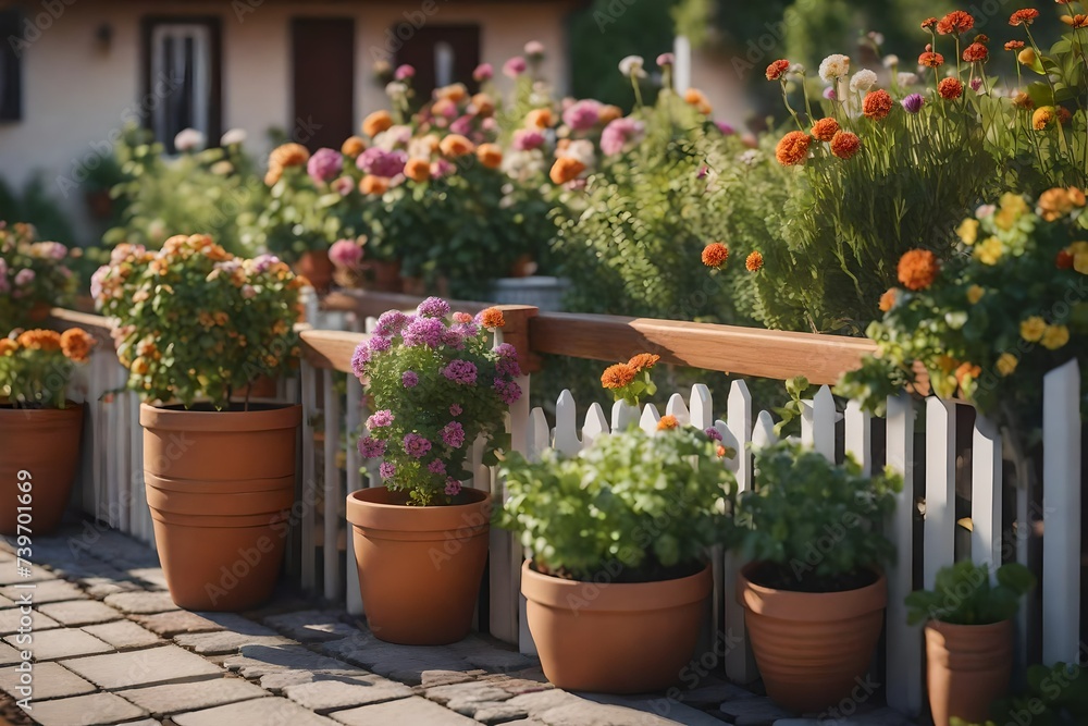 Small backyard tiled terrace of a coutryside house with flower pots Small backyard tiled terrace of a coutryside house with flower pots