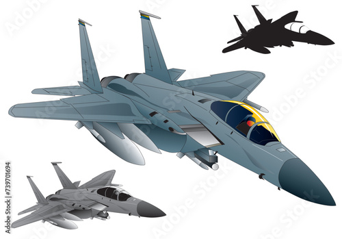 Twin engine jet fighter McDonnell Douglas F-15 Eagle, gray image illustration (monotone, black silhouette set)