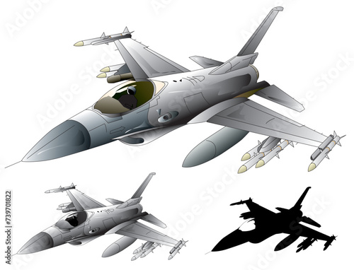 Single seat single engine jet fighter General Dynamics F-16 Fighting Falcon, image illustration (monotone, black silhouette set)