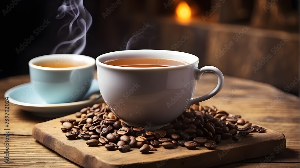 cup of coffee with beans,A steaming cup of tea, infused with the rich aroma of freshly roasted beans, sits on a rustic wooden table, inviting you to take a sip and savor the unique blend of flavors. cup of coffee with beans,A steaming cup of tea, infused with the rich aroma of freshly roasted beans, sits on a rustic wooden table, inviting you to take a sip and savor the unique blend of flavors.